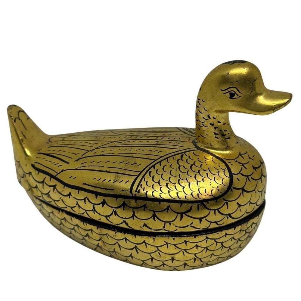 VTG‎ Black Gold Lacquer Duck Trinket Box Goose Burmese Mid-Century Decorative 4"
